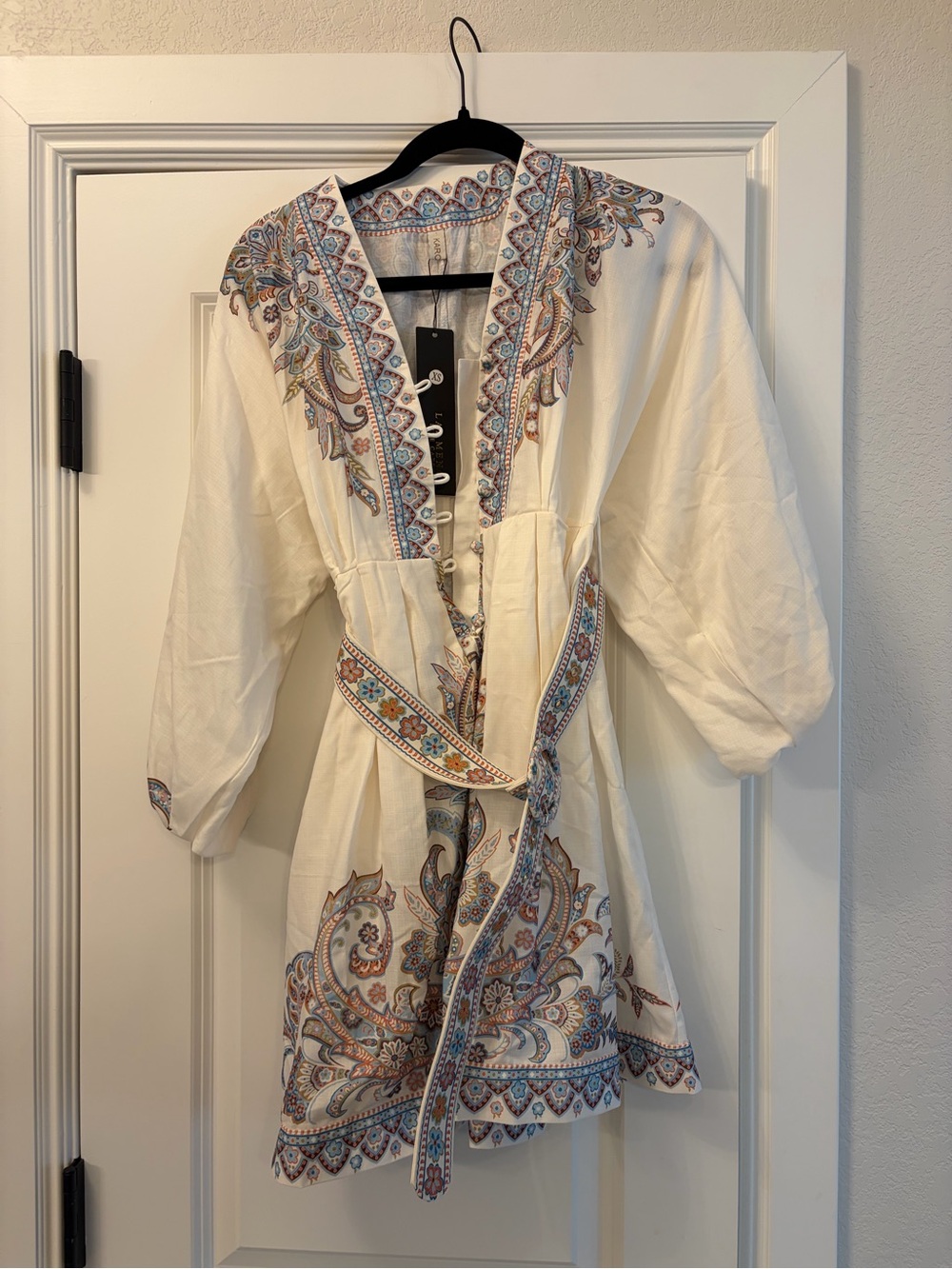 LAI MENG Embroidered Ivory Dress with Blue & Coral Accents